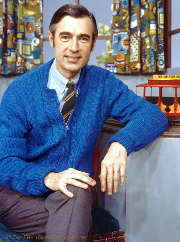 Mister Rogers Blue Cardigan Cable Sweater - 100% Alpaca Wool on Mr. Fred Rogers.
© 2019 McFeely-Rogers Foundation All Rights Reserved.