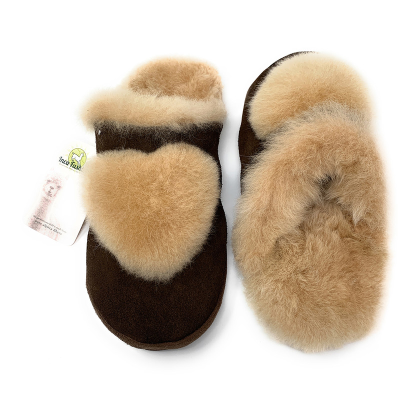 Women's Slip-On Fluffy Fur Heart Alpaca Slippers, Size Large | 100% Pure Sustainable Alpaca Fur | Inca Fashions