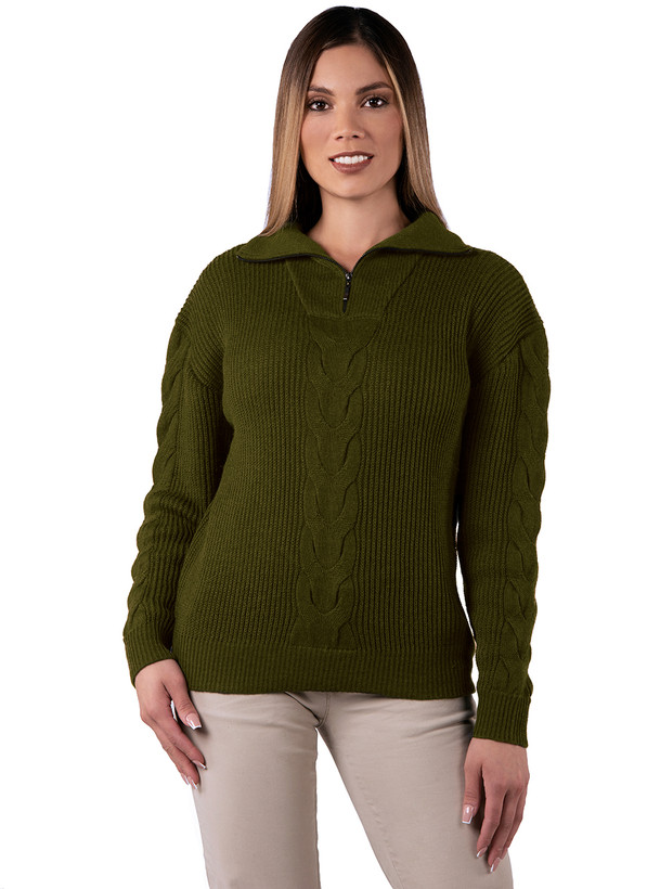 Annelise Braided Half-Zip 100% Baby Alpaca Wool Pullover Sweater 
Martini Olive Front