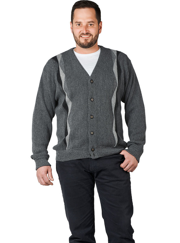 Retro Golf V Neck Dexter Alpaca Cardigan on model in Grey/Black.