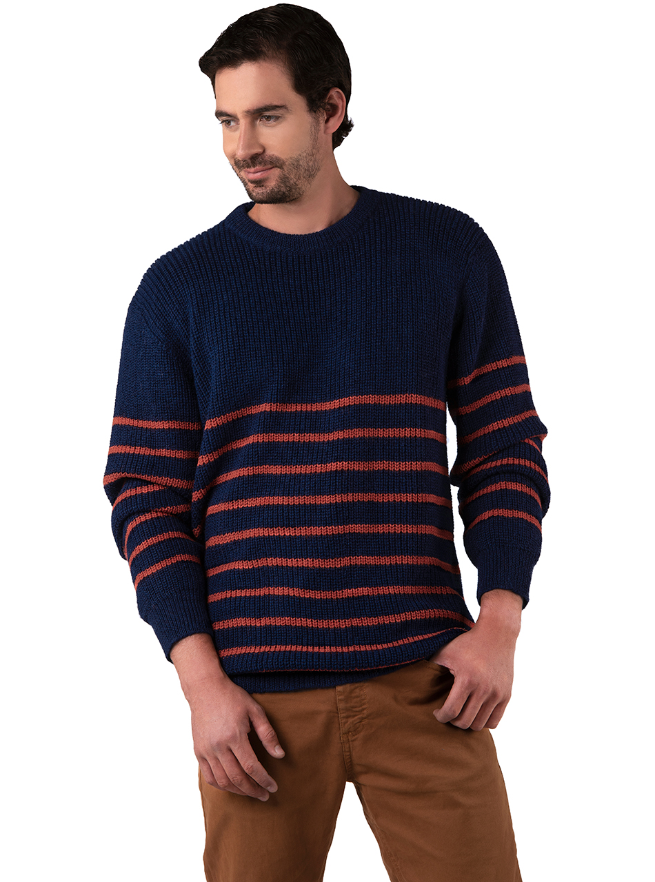 Men's Alpaca Wool Norris Crew Neck Pullover Orange Striped Sweater