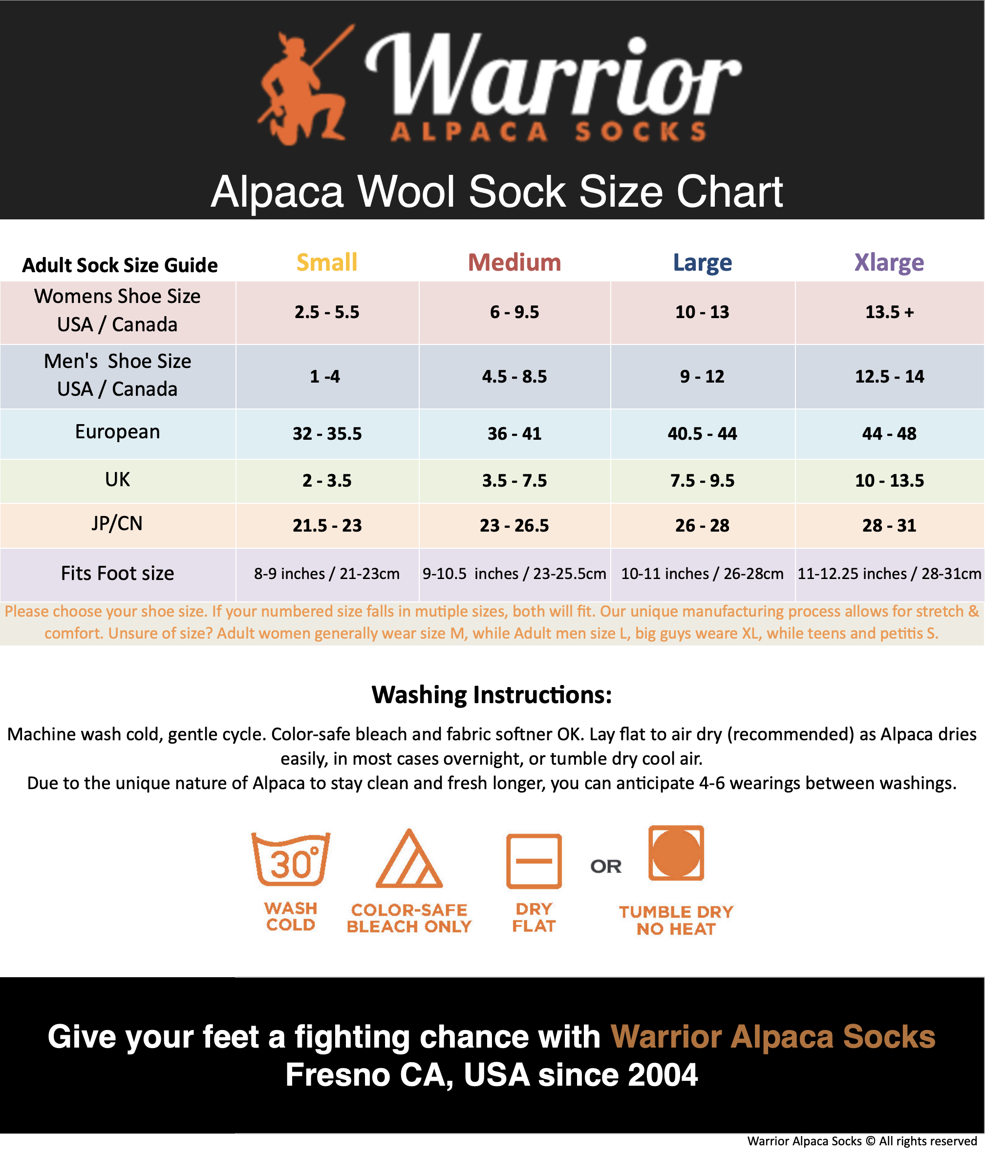 Alpaca Socks Sizing & Sock Size Chart