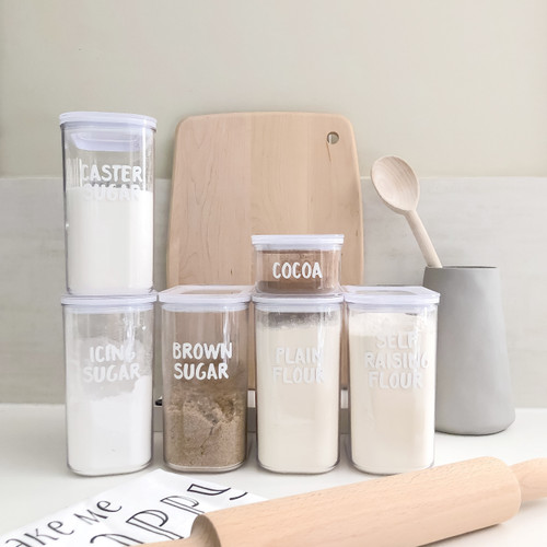 Baking Basics - Home Organisation Pantry Labels Set  in Funky Font in White