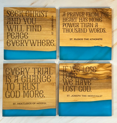 'Shoreline' Olive Wood Coaster with blue accent - Modern Saints Quotes