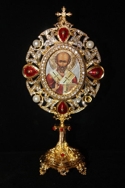 Red Jeweled Icon Stand - St. Nicholas