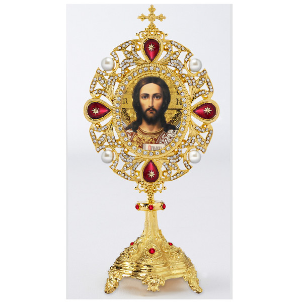 Red Jeweled Icon Stand - Christ 