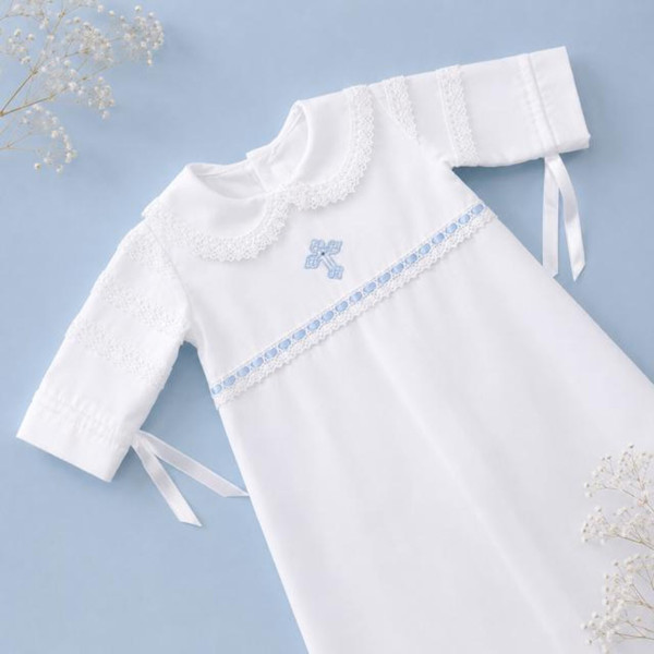 Baby Baptism Gown - blue accents