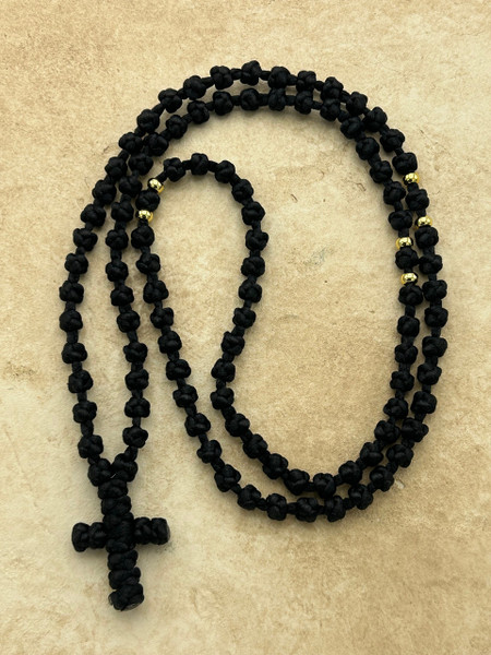 100 knot Russian Black Spaced Prayer Rope with gold beads