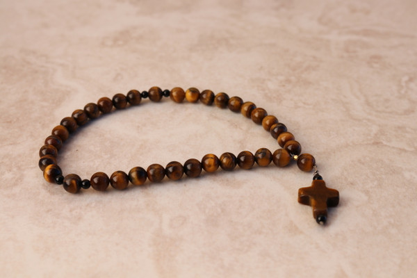 Semi-Precious Tiger - Eye Stone 33 Bead Prayer Rope with Stone Cross