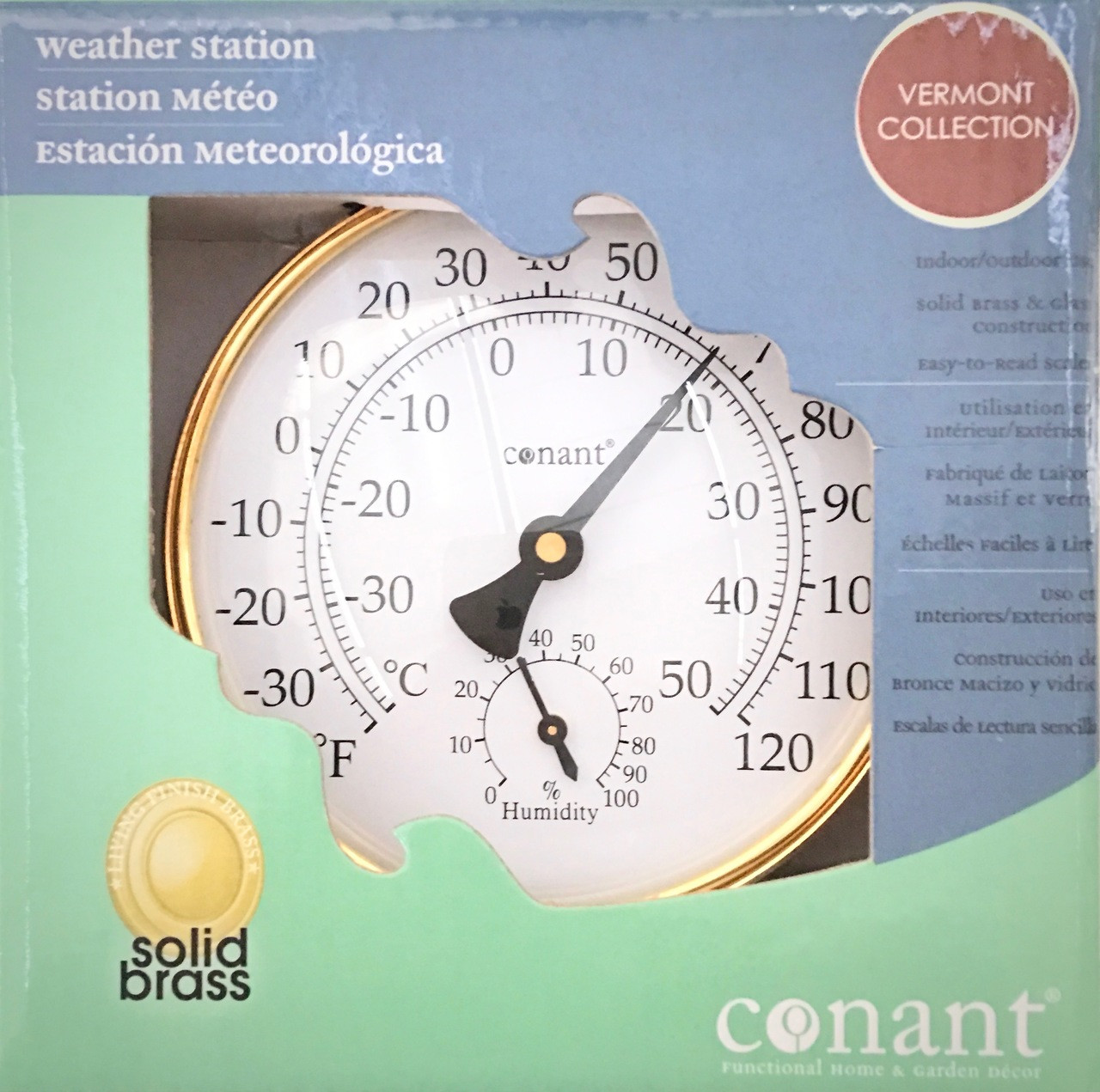  Conant Vermont Large Dial Thermometer, Brass