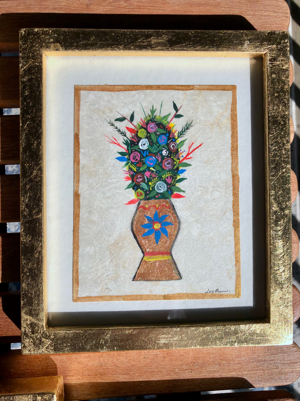 Framed Original Luis Romero Painting Multi Color Bouquet Round Vase