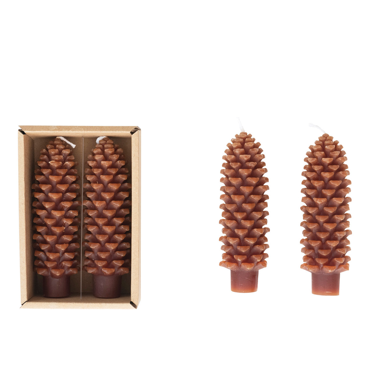 XS Pinecone Taper (Set of 2) in Unscented Paraffin Dark Brown