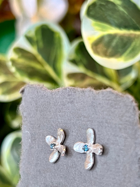 Tiny Hydrangea Earrings in Silver with London Blue Topaz