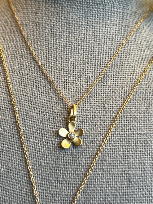 18k Gold Tiny Daisy with Diamond Necklace on 18" 14k Gold Chain