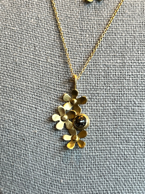 Triple Daisy Necklace in 18k Gold with .43ct Salt + Pepper Diamond on 16" 18k Gold Chain