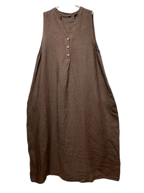 BROWN Long Linen Sleeveless Dress with Buttons (One Size)