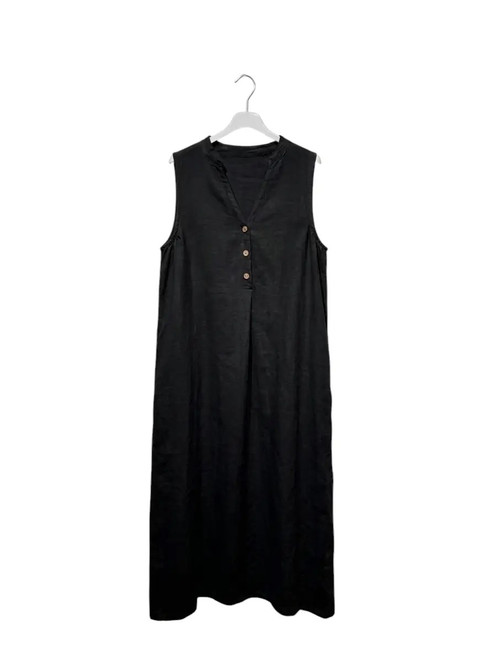 BLACK Long Linen Sleeveless Dress with Buttons (One Size)