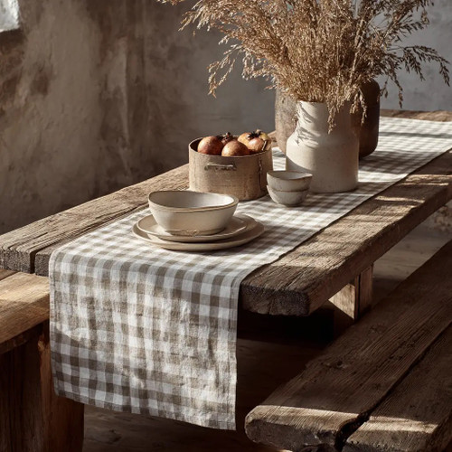 Washed 100% Organic Heavy Linen Table Runner in Natural Gingham 16"x79"