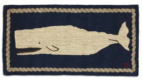 White Whale MOBY DICK on Blue 2' x 4' Hooked Wool Rug