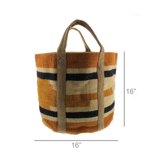 Woven Jute Storage Tote In Orange and Black Geometric