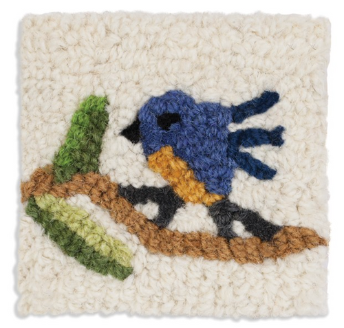 Hand Hooked Wool Blue Bird Coasters (Set of Four)