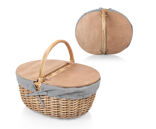 Country Picnic Basket in Blue and White Ticking Stripe