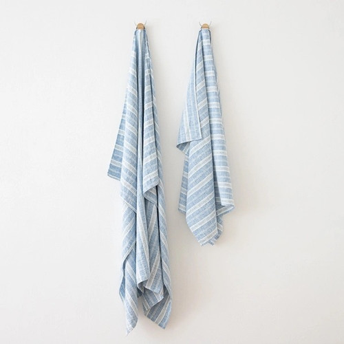 Linen Beach Towel or Bath Sheet 53" x 79" in BLUE MULTI STRIPE