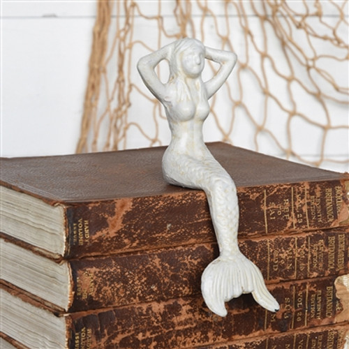 Cast Iron Sitting Mermaid in White