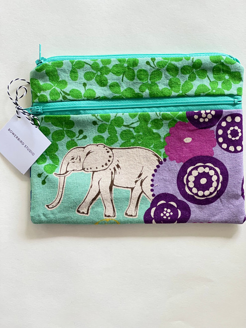 Japanese Linen MEDIUM Zip Pouch BLUES with Green + Purple Accents elephant