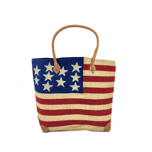 Embroidered American Flag Straw Basket with Drawstring