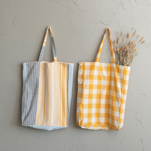 Yellow / White Gingham or Yellow / Blue / White Stripe Cotton Tote 16" x 21"