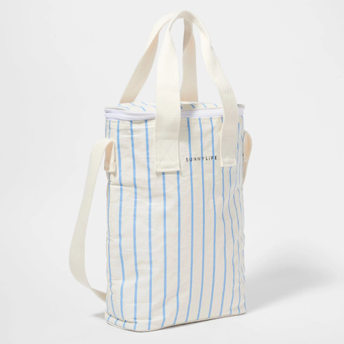 Le Weekend Blue + Cream Stripe Insulated Beverage Cooler Tote