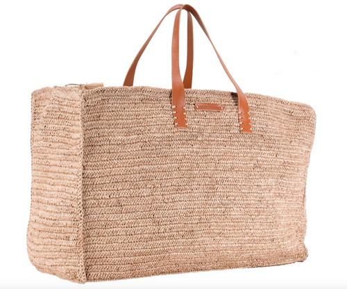 ★DAKS★ BOURNEMOUTH Bournemouth brown leather raffia tote b Raffia + Leather Tote Bag with Zip Closure (square bottom