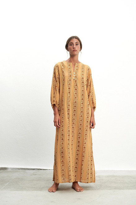 Sofia Long Sleeve Maxi Dress in Neutral Tones Block Print Wide Stripe