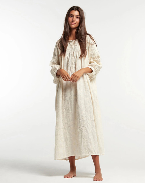 Elena Long Sleeve Maxi Dress in Natural White with Embroidery