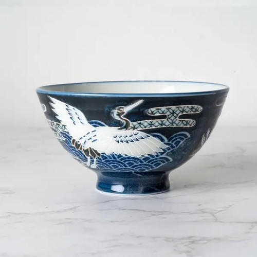 Japanese Crane NAVY BLUE Design 10oz 4.5"D X 2.5"H Porcelain Rice Bowl