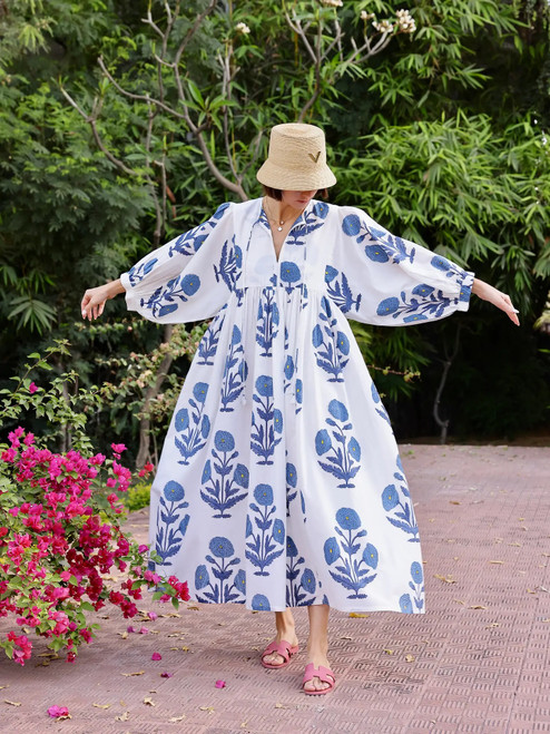 Taj Maxi Dress with Pockets in Cotton Voile in Indigo Blue Flowers