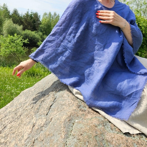 Organic Linen Summer Weight Poncho in Jeans Blue