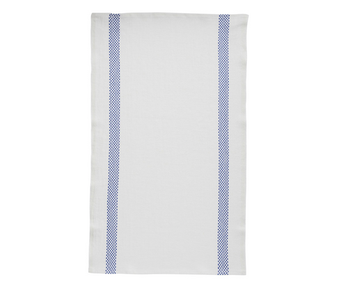 Charvet Editions French Linen White Dish Towel. Checkered Blue