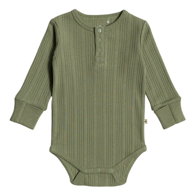 Organic Cotton/Merino Long Sleeve Henley Bodysuit - Flax Marl