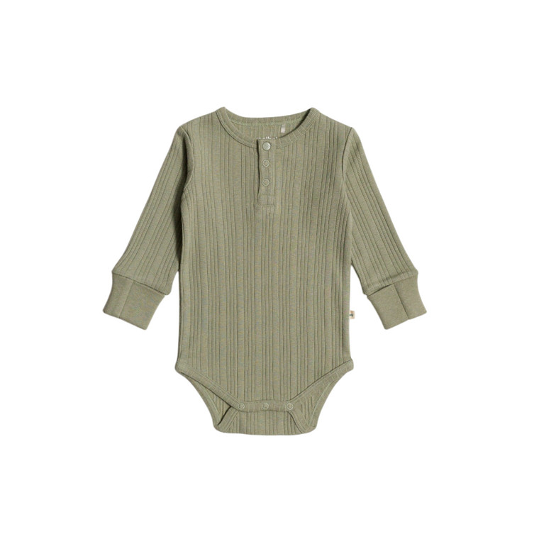 Organic Cotton/Merino Long Sleeve Henley Bodysuit - Flax Marl