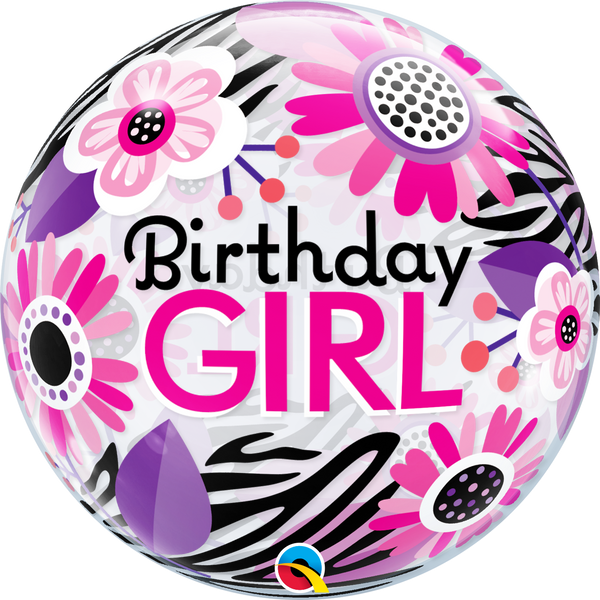 22" Bubble Balloon Birthday Girl Floral Zebra Stripes