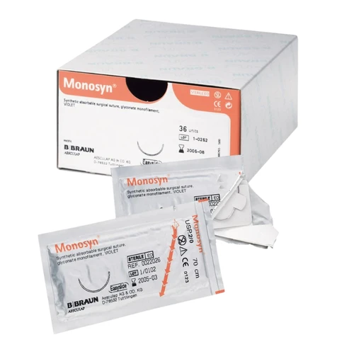 Sutura Monofilamento Reabsorbible Violeta USP 5/0, 70 cm con Aguja DS12 3/8 Círculo Cortante 12 mm
