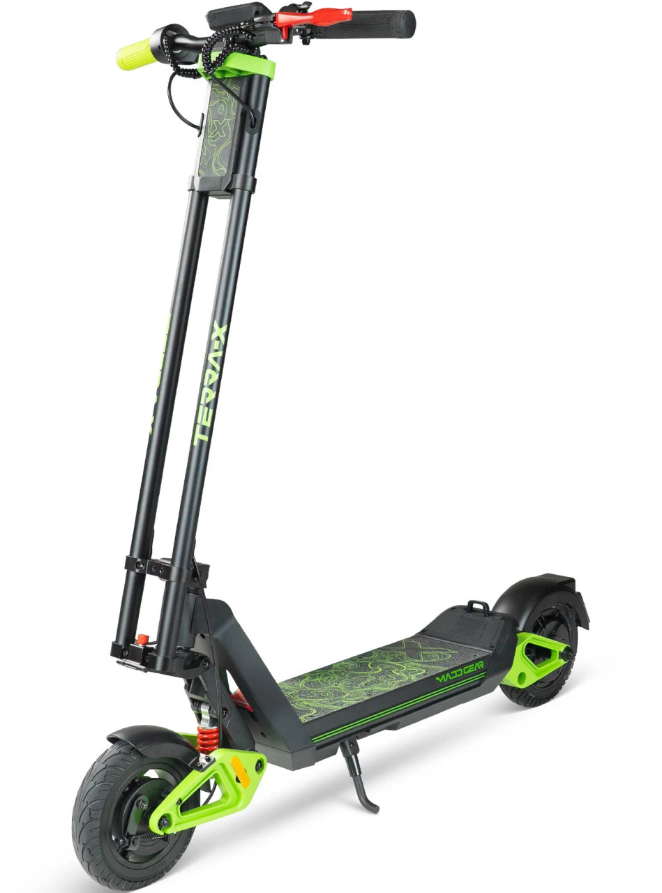 Electric Scooter for Teens and Adults  15.5 MPH, 12.4 Mile Range  Dual Suspension, 8" Solid Tires, Folding Frame  Madd Gear Terra-X - Black Green