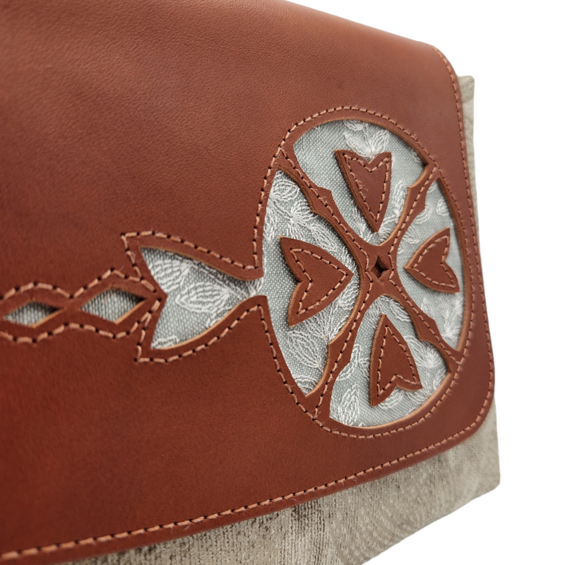 Leather Flap in Taupe Chenille Medallions