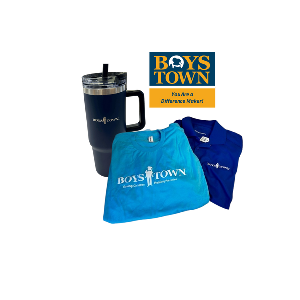 Image of a royal blue polo, an aqua t-shirt, and a navy 30 oz tumbler - all branded Boys Town