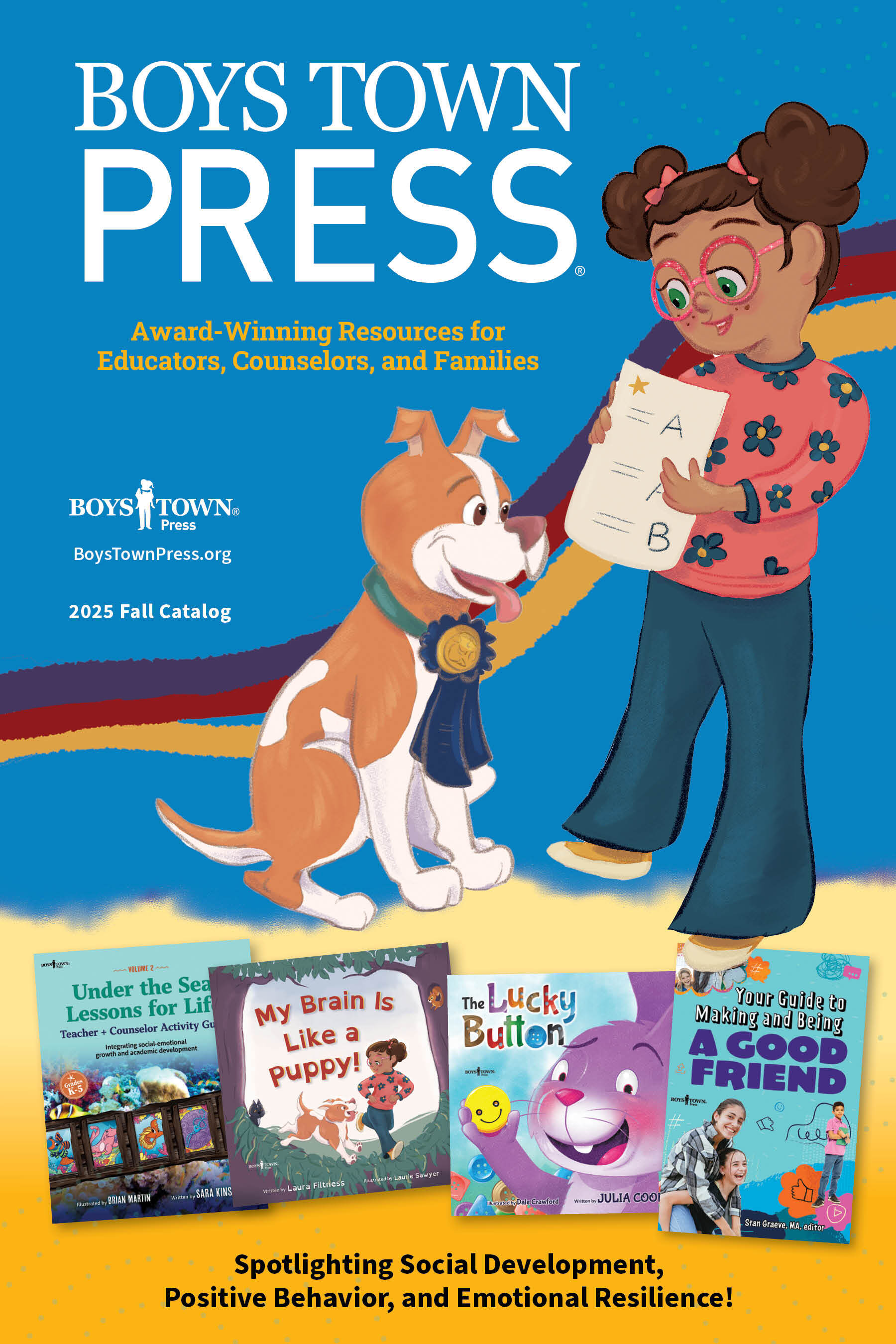 Cover of the Fall 2025 Boys Town Press catalog featuring an illustration of a girl and her dog from My Brain Is Like a Puppy on a vibrant blue background