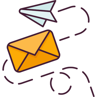 Golden envelope connected to white-blue paper plane by dashed line