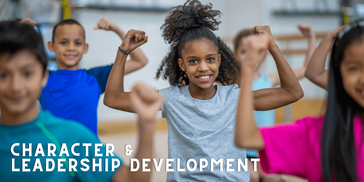 image of diverse children flexing their biceps with character and leadership development text