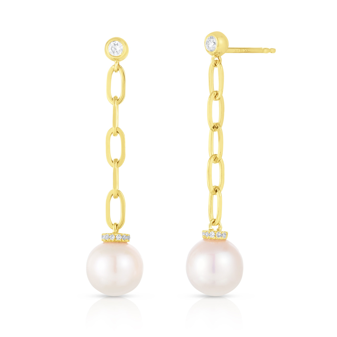 Pearl and Diamond Long Link Drop Earrings